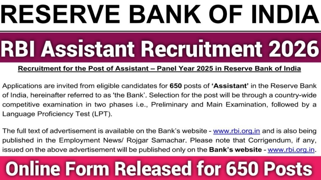 RBI Assistant Recruitment 2026 Online Form Released for 650 Posts